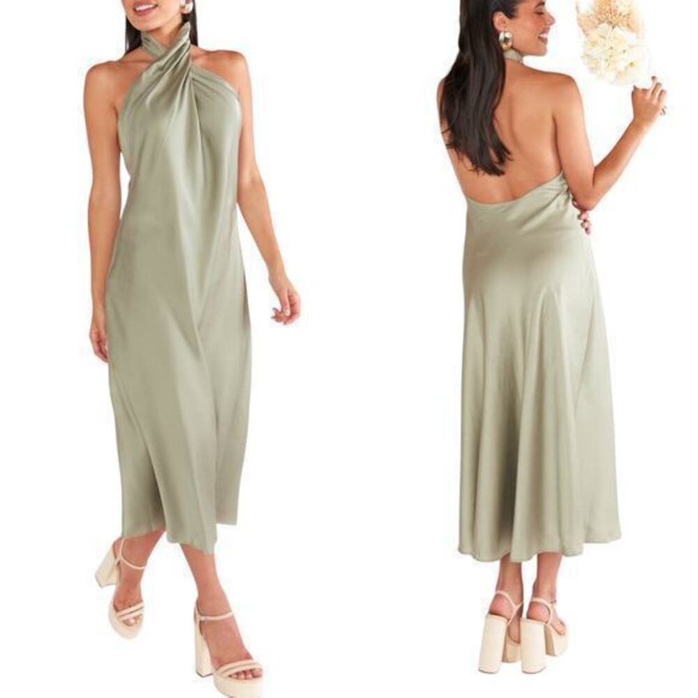 Show Me Your Mumu Jasmine Halter Midi Dress Moss Green Luxe Satin size M